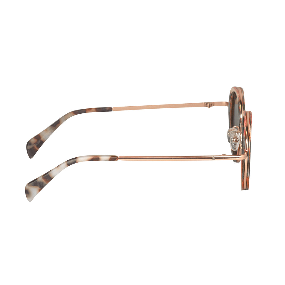 Side of multicolor wood sunglasses: rose gold metal arms, white tortoiseshell acetate tips, mirror lenses